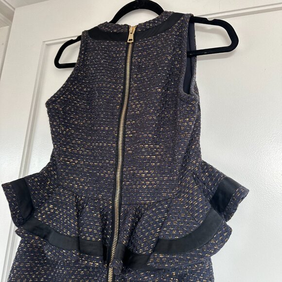 Altuzarra Peplum Pencil Dress Sz 38 Blue Black Gold Tweed Ruffle Trim - Picture 7 of 8